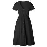 Casual V-neck Button Pocket Short Sleeve A-line Midi Dresses For Women