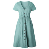 Casual V-neck Button Pocket Short Sleeve A-line Midi Dresses For Women