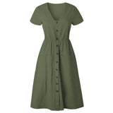 Casual V-neck Button Pocket Short Sleeve A-line Midi Dresses For Women