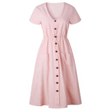 Casual V-neck Button Pocket Short Sleeve A-line Midi Dresses For Women