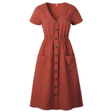 Casual V-neck Button Pocket Short Sleeve A-line Midi Dresses For Women