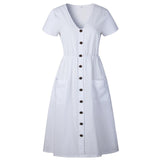 Casual V-neck Button Pocket Short Sleeve A-line Midi Dresses For Women