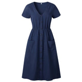 Casual V-neck Button Pocket Short Sleeve A-line Midi Dresses For Women