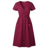 Casual V-neck Button Pocket Short Sleeve A-line Midi Dresses For Women