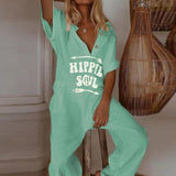 Summer Short Sleeve Eyelash Print Jumpsuit Casual Women Cotton Linen Playsuits V Neck Button Loose Overalls Romper Bodysuit