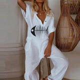 Summer Short Sleeve Eyelash Print Jumpsuit Casual Women Cotton Linen Playsuits V Neck Button Loose Overalls Romper Bodysuit
