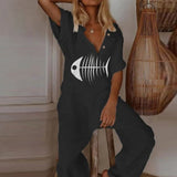 Summer Short Sleeve Eyelash Print Jumpsuit Casual Women Cotton Linen Playsuits V Neck Button Loose Overalls Romper Bodysuit