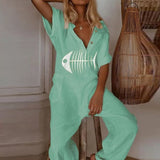 Summer Short Sleeve Eyelash Print Jumpsuit Casual Women Cotton Linen Playsuits V Neck Button Loose Overalls Romper Bodysuit