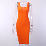 WannaThis Knee-Length Dress Knitted Elastic Sleeveless Bodycon elegant Women Summer Sexy V-Neck Button Party Slim Dresses