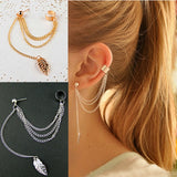 1pc Earring Cuffs Metal Ear Clip Leaf Tassel Earrings For Women