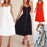 New Women Print Floral Stripe Long dress Sexy V-Neck Sleeveless Button Beach Casual Boho Midi Dress Plus Size 3XL
