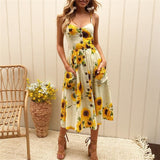 New Women Print Floral Stripe Long dress Sexy V-Neck Sleeveless Button Beach Casual Boho Midi Dress Plus Size 3XL