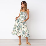New Women Print Floral Stripe Long dress Sexy V-Neck Sleeveless Button Beach Casual Boho Midi Dress Plus Size 3XL