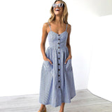 New Women Print Floral Stripe Long dress Sexy V-Neck Sleeveless Button Beach Casual Boho Midi Dress Plus Size 3XL