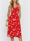 New Women Print Floral Stripe Long dress Sexy V-Neck Sleeveless Button Beach Casual Boho Midi Dress Plus Size 3XL