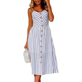 New Women Print Floral Stripe Long dress Sexy V-Neck Sleeveless Button Beach Casual Boho Midi Dress Plus Size 3XL