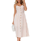 New Women Print Floral Stripe Long dress Sexy V-Neck Sleeveless Button Beach Casual Boho Midi Dress Plus Size 3XL
