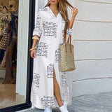 Women Elegant Lapel Neck Button Down Dress 2020 Summer Letter Print Long Shirt Dress