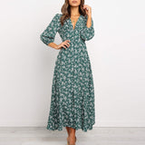 Women Chiffon Long Dress Floral Print Lantern Sleeve A-line Maxi Vestidos Autumn New Elegant Vintage V Neck Winter Dresses
