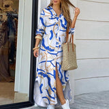 Women Elegant Lapel Neck Button Down Dress 2020 Summer Letter Print Long Shirt Dress