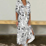 Women Elegant Lapel Neck Button Down Dress 2020 Summer Letter Print Long Shirt Dress