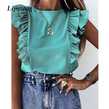 Women Elegant Solid color Ruffle blouse shirt  Summer O Neck Pleated Blusa