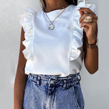 Women Elegant Solid color Ruffle blouse shirt  Summer O Neck Pleated Blusa
