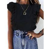 Women Elegant Solid color Ruffle blouse shirt  Summer O Neck Pleated Blusa