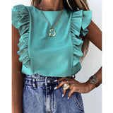 Women Elegant Solid color Ruffle blouse shirt  Summer O Neck Pleated Blusa