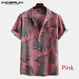 INCERUN Men Short Sleeve Lapel Printed Shirt Tropical Leaf Pattern Floral Shirt Casual Summer Hawaiian Holiday Camisa Tops S-5XL