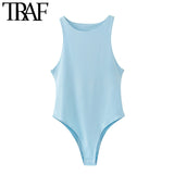 TRAF Women Sexy Fashion Stretchy Slim Solid Bodysuits Vintage O Neck Sleeveless Female Playsuits Chic Tops