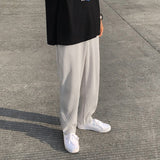 Pleated Straight Pants Men's Fashion Solid Color Elastic Waist Casual Pants Men Streetwear Loose Japanese Ice Silk Trousers Mens
