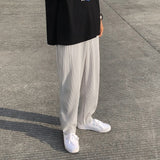 Pleated Straight Pants Men's Fashion Solid Color Elastic Waist Casual Pants Men Streetwear Loose Japanese Ice Silk Trousers Mens