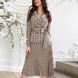 Simplee Vintage pleated belt plaid dress women Elegant office ladies blazer dresses Long sleeve female autumn midi party dress
