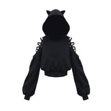 Harajuku Sweatshirt Women Punk Gothic Sweatshirt Autumn Winter Plus Velvet Hollow Out Lace Long Sleeve Cute Hoodie With Cat Ears