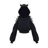 Harajuku Sweatshirt Women Punk Gothic Sweatshirt Autumn Winter Plus Velvet Hollow Out Lace Long Sleeve Cute Hoodie With Cat Ears