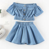 Summer Girls' Clothing Sets Korean Denim Short-sleeved T-shirt+High Waist Skirt 2PCS Baby Kids Clothes Suit Children Clothing