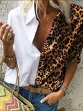 Fashion Solid Leopard Patchwork Button Long Sleeve Shirts Female Office Lady Tops Elegant