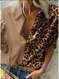 Fashion Solid Leopard Patchwork Button Long Sleeve Shirts Female Office Lady Tops Elegant