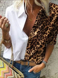 Fashion Solid Leopard Patchwork Button Long Sleeve Shirts Female Office Lady Tops Elegant