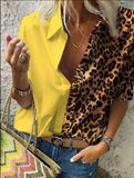 Fashion Solid Leopard Patchwork Button Long Sleeve Shirts Female Office Lady Tops Elegant