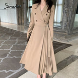 Simplee Casual suit collar autumn women dress Long sleeve office lady asymmetrical long dress Slim with belt A-line female dress