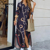 Women Elegant Lapel Neck Button Down Dress 2020 Summer Letter Print Long Shirt Dress