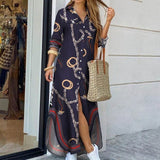 Women Elegant Lapel Neck Button Down Dress 2020 Summer Letter Print Long Shirt Dress
