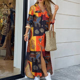 Women Elegant Lapel Neck Button Down Dress 2020 Summer Letter Print Long Shirt Dress