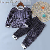 Humor Bear Autumn Kids Baby Girl Clothes Long Sleeve T-shirt+Grid Skirt +bowknot Casual suits Student Girls' Clothing Sets