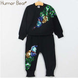 Humor Bear Autumn Kids Baby Girl Clothes Long Sleeve T-shirt+Grid Skirt +bowknot Casual suits Student Girls' Clothing Sets