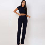 2 Two Piece Set Women Ribbed O Neck Crop Top and Long Pants Set Sexy Autumn Short Sleeve Tracksuit Women Conjunto Feminino 2021