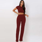2 Two Piece Set Women Ribbed O Neck Crop Top and Long Pants Set Sexy Autumn Short Sleeve Tracksuit Women Conjunto Feminino 2021