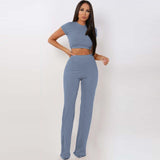 2 Two Piece Set Women Ribbed O Neck Crop Top and Long Pants Set Sexy Autumn Short Sleeve Tracksuit Women Conjunto Feminino 2021